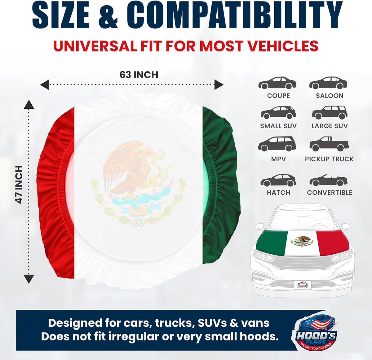 Mexico Flag Car Hood Cover 63"x47"Universal Fit for Cars, SUVs, or Pickup Trucks