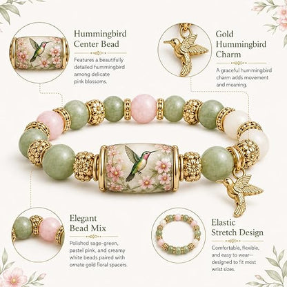 Limited Edition Hummingbird Floral Stone Bracelet, Mixed Rose Quartz & Green Aventurine Beads With 3D Hummingbird Charm