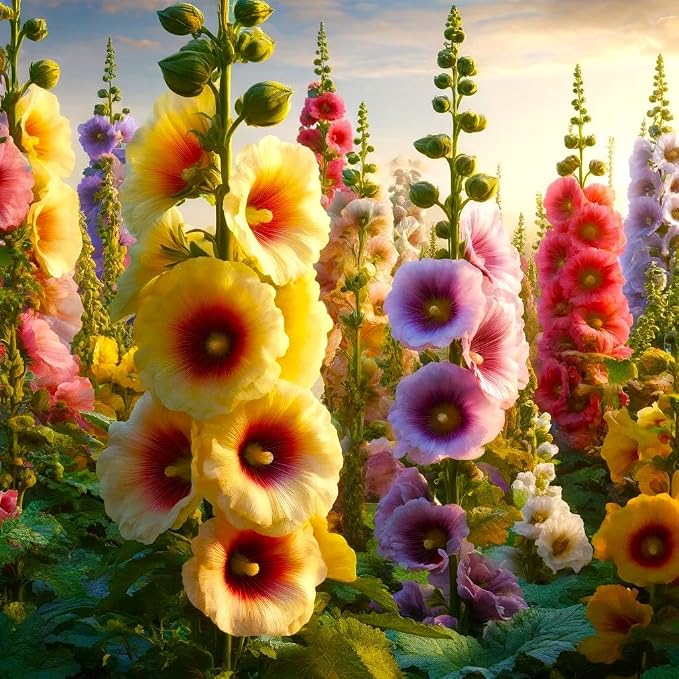 500 PCS Hollyhock Pip– Colorful Tall Blooms, Heirloom & Non-GMO