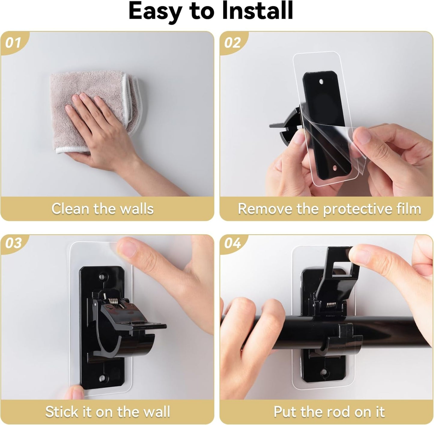 4 Pack Adhesive Curtain Rod Holders No Drilling, Renter Friendly Curtain Rod Brackets
