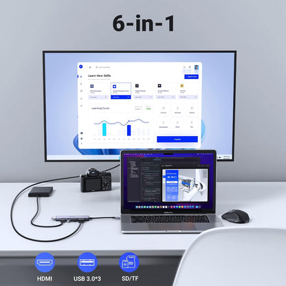 6-in-1 Multiport Adapter USB C Hub 4K@60Hz with 3 USB 3.0/1 HDMI Ports, SD/TF Card Reader, USB C Dongle