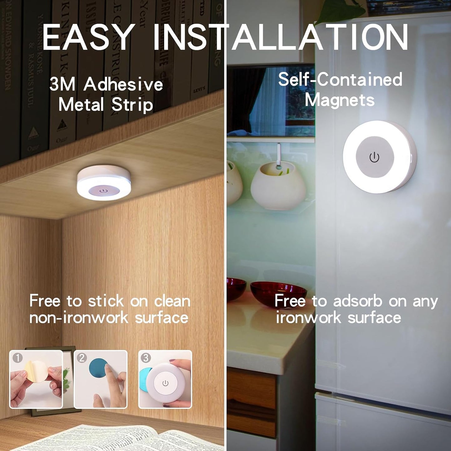 2PCS Night Light Bright LED Lamp, 3 Colors Dimmable Rechargeable Wireless Stick