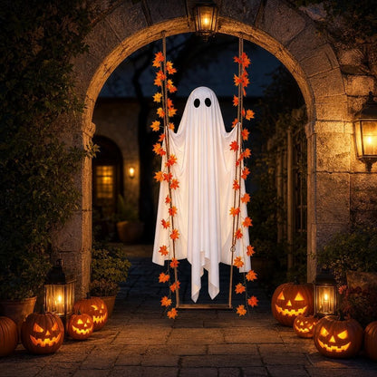 5FT Large Hanging Ghost Swing with Remote Control String Lights