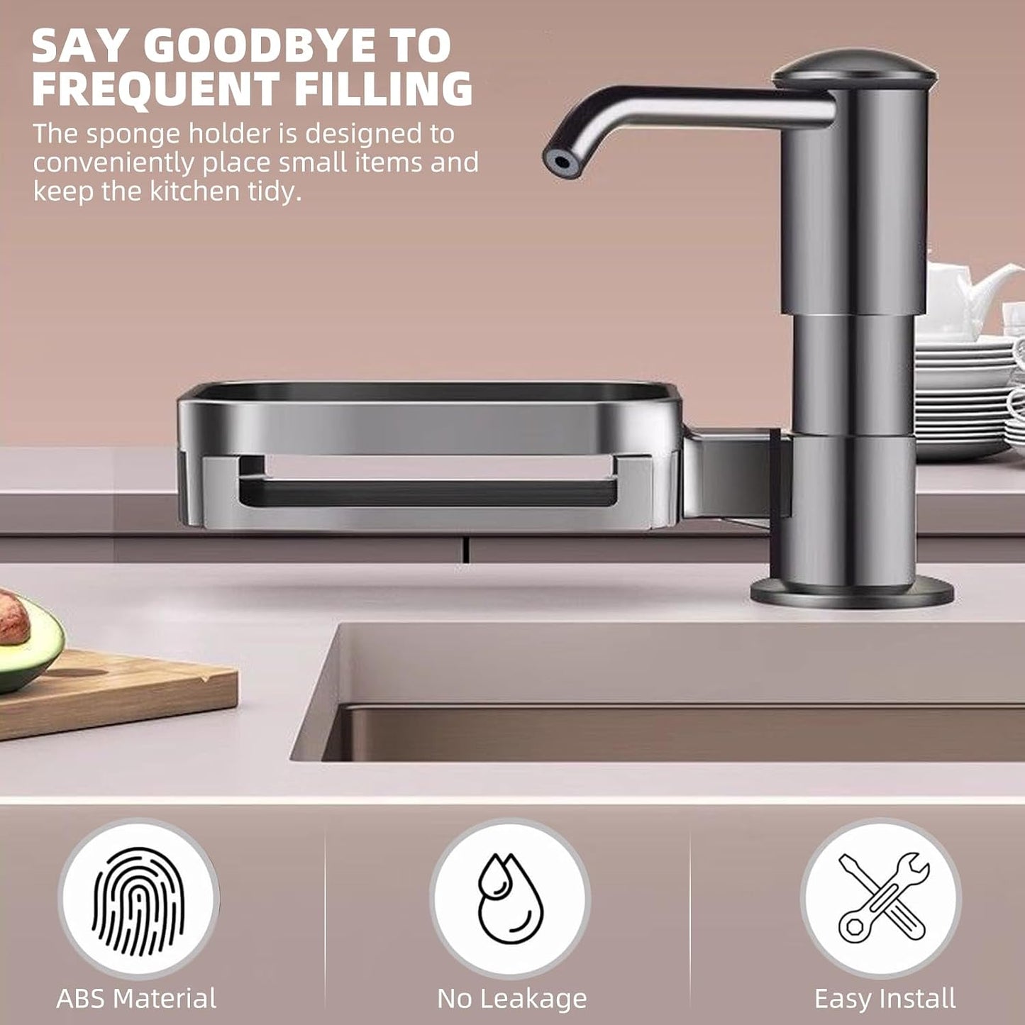 Soap Dispenser for Kitchen Sink, Built in Soap Dispenser Pump with Sponge Holder