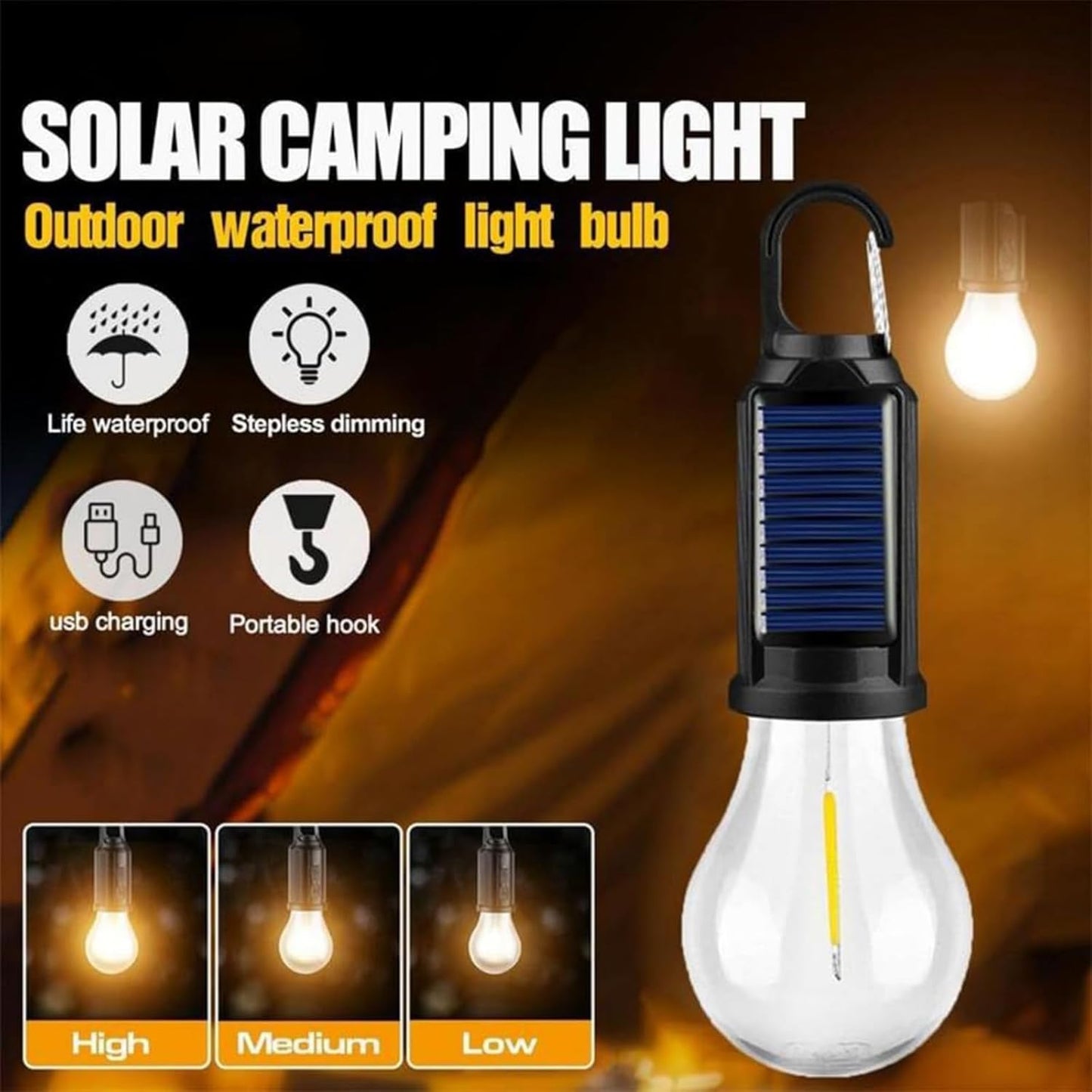 2PC Solar LED Camping Lantern with Hook– Hanging Tent Light, Waterproof, Adjustable Hanging & Clip, Rechargeable