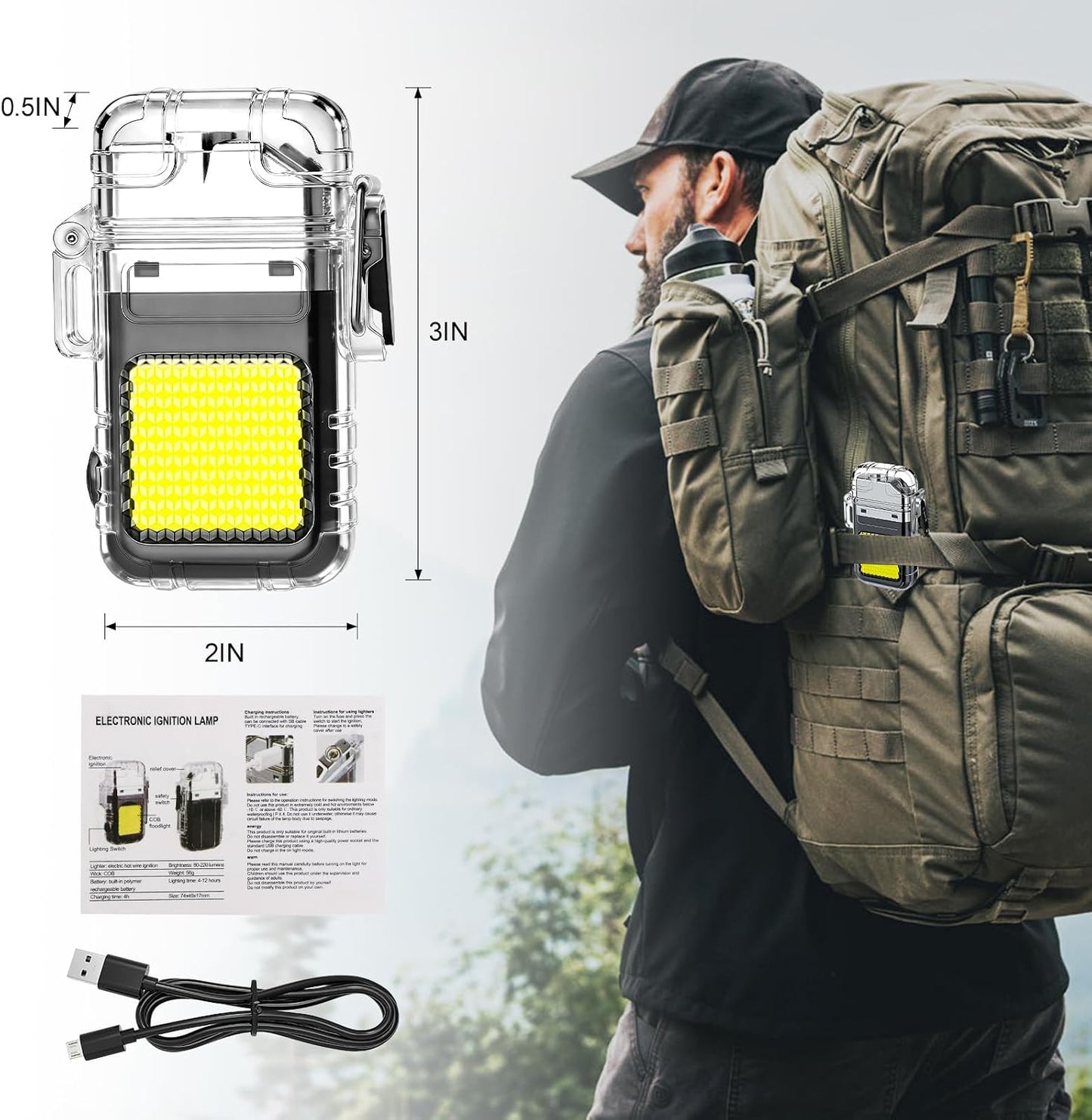 Waterproof Lighter of 3 Modes Windproof Flashlight,, Electric USB Rechargeable