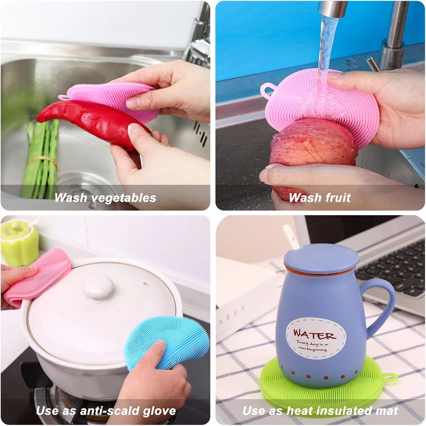 4 Pack Silicone Dish Scrubber Food Grade BPA Free Reusable