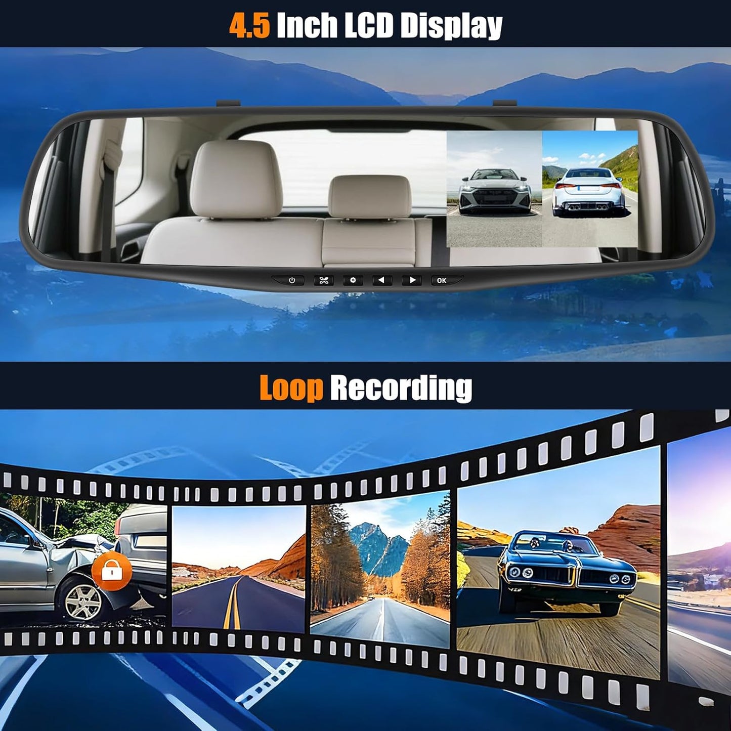 Mirror Dash Cam for Car, 4.3" Backup Smart Rearview Mirror Camera