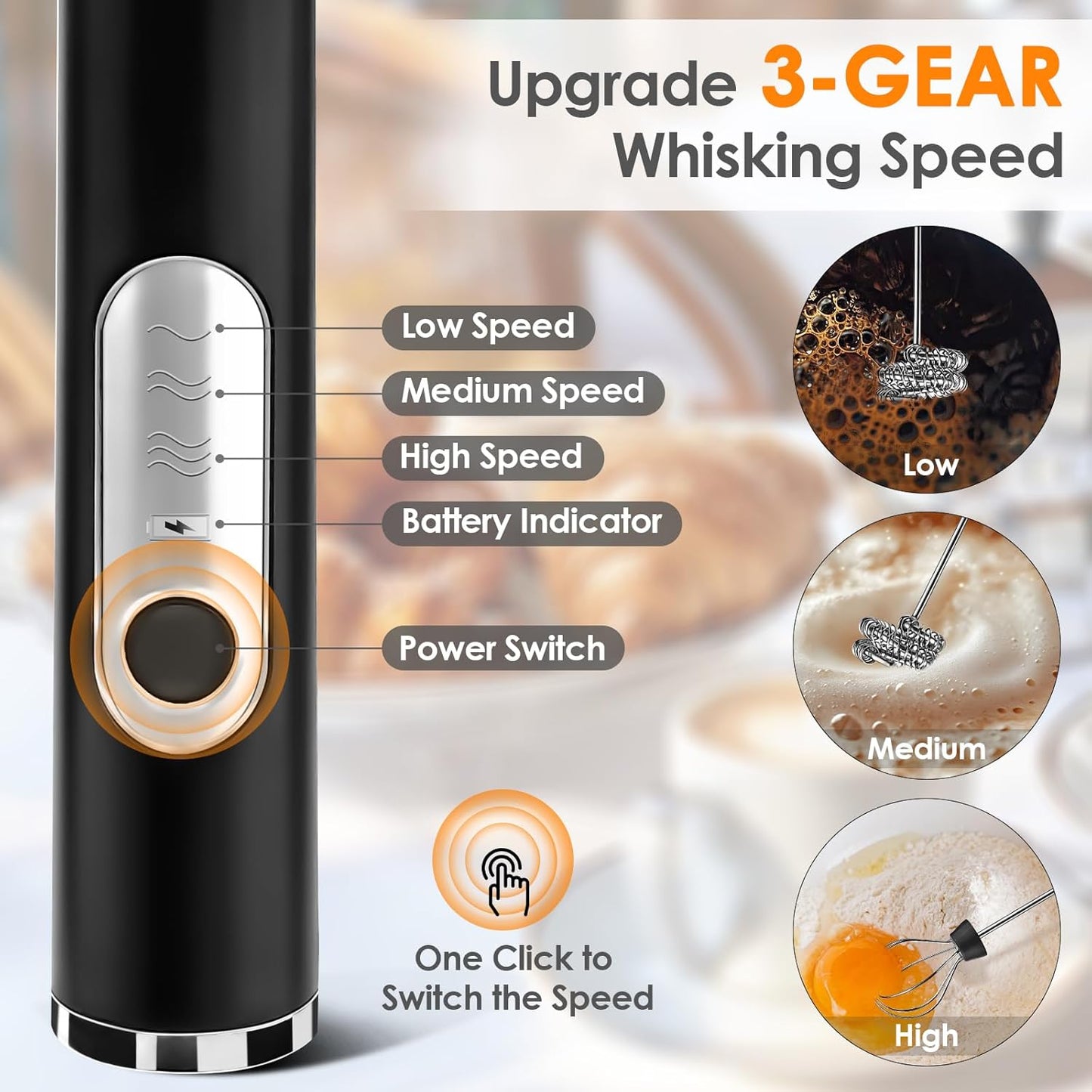 Milk Frother Handheld, Rechargeable Coffee Frother Wand with 2 Stainless Whisks 3 Speeds