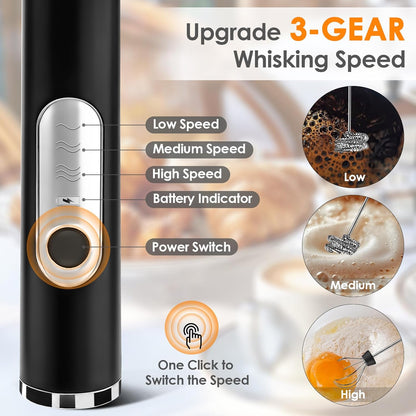 Milk Frother Handheld, Rechargeable Coffee Frother Wand with 2 Stainless Whisks 3 Speeds