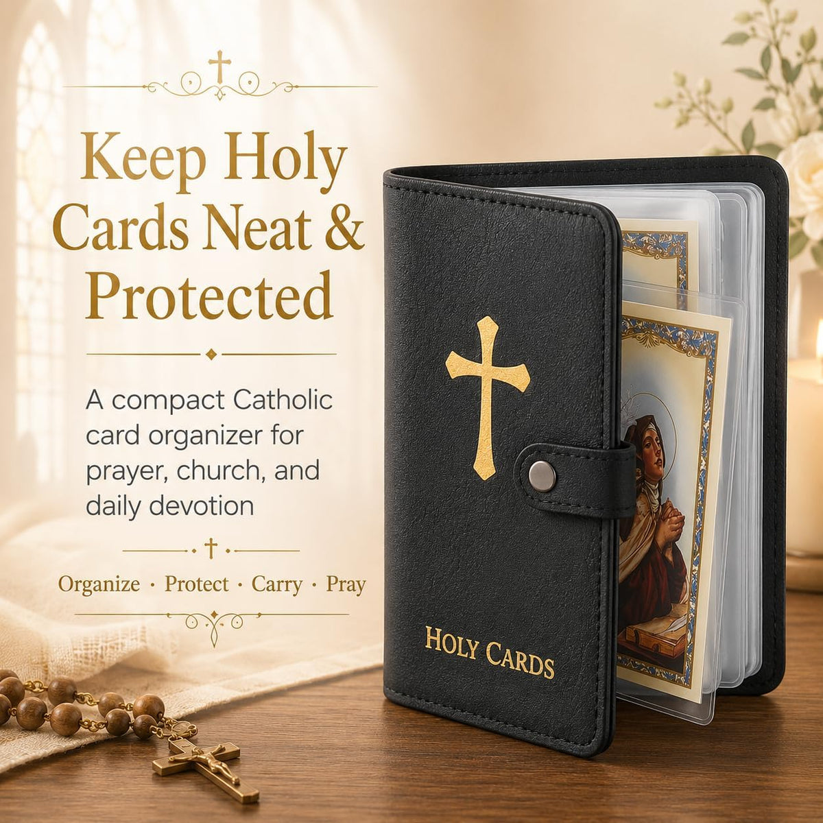 Genuine Leather Holy Card Holder Book with 54 Assorted Catholic Prayer Cards