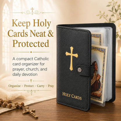 Genuine Leather Holy Card Holder Book with 54 Assorted Catholic Prayer Cards