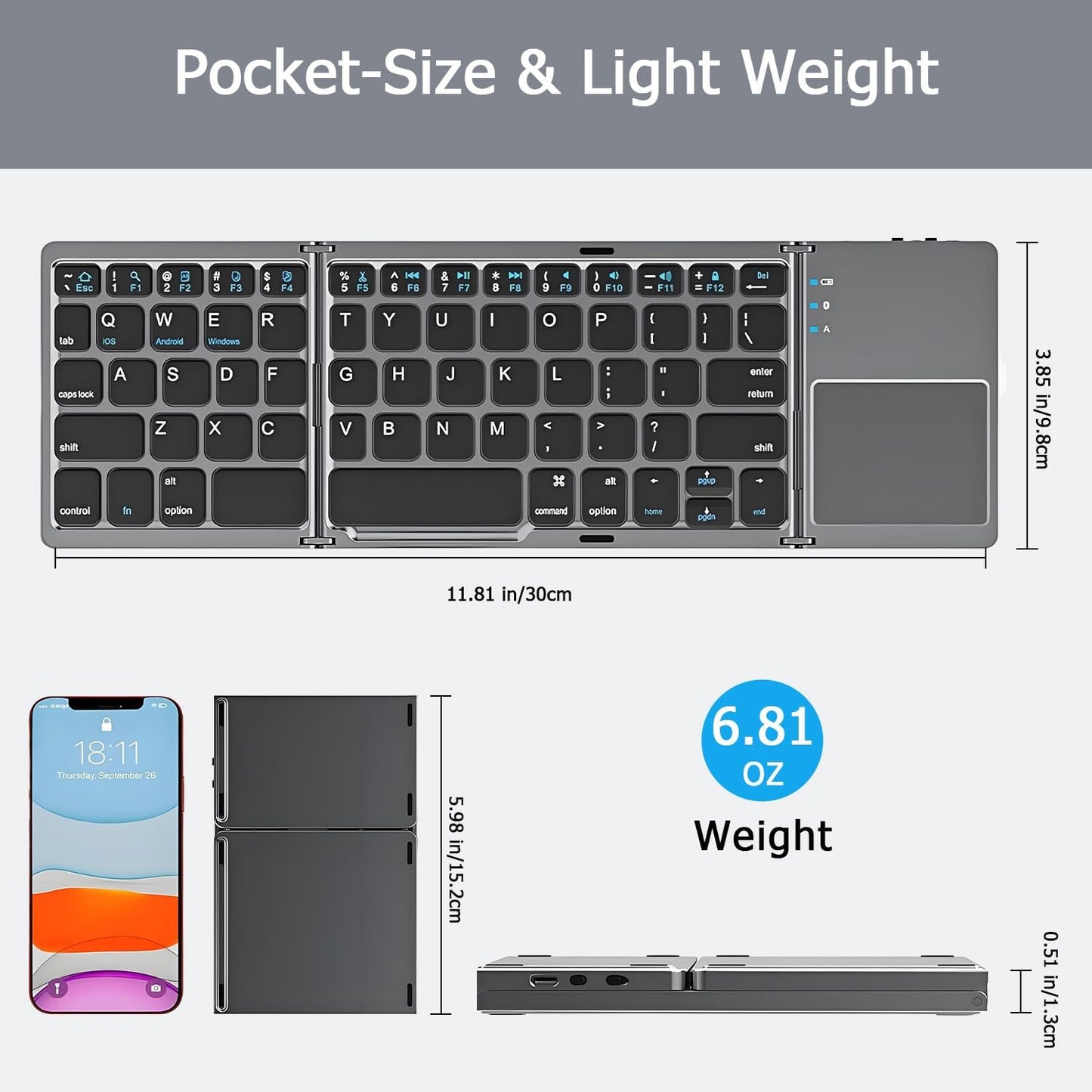 Foldable Bluetooth Keyboard with Touchpad, Ultra Slim Compact