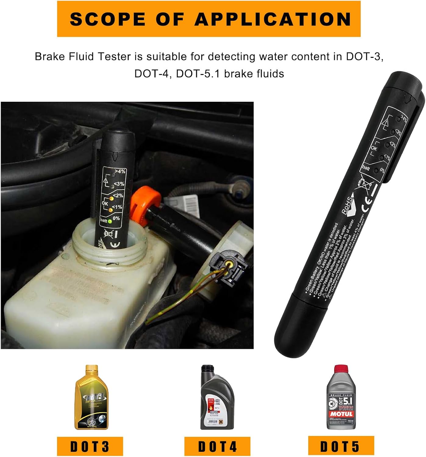 Brake Fluid Liquid Tester Pen, Vehicle High-Precision Hydraulic Liquid Oil Moisture Analyzer with 5 LED Indicators