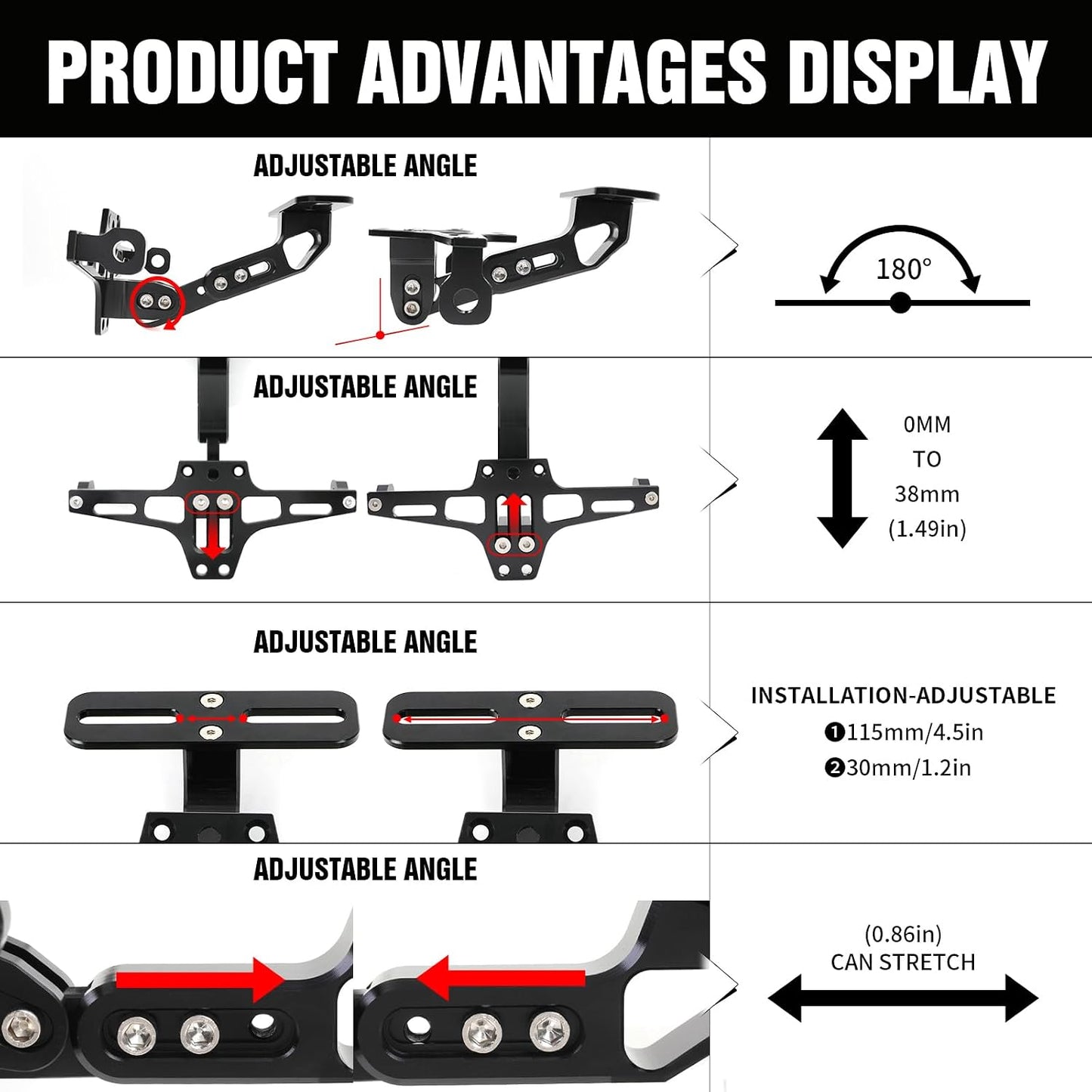 Universal Motorcycle License Plate Bracket with LED Light Aluminum