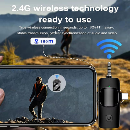 3 in 1 Wireless Lavalier Microphone for iPhone/Android/Camera,328ft Transmission, 18H Battery Life