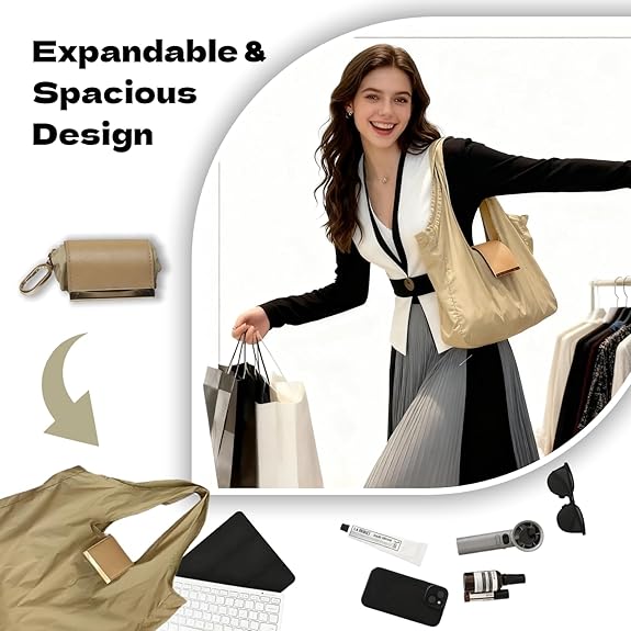 Foldable Keychain Tote Bag, Expandable Leather Mini Bag with Key Ring