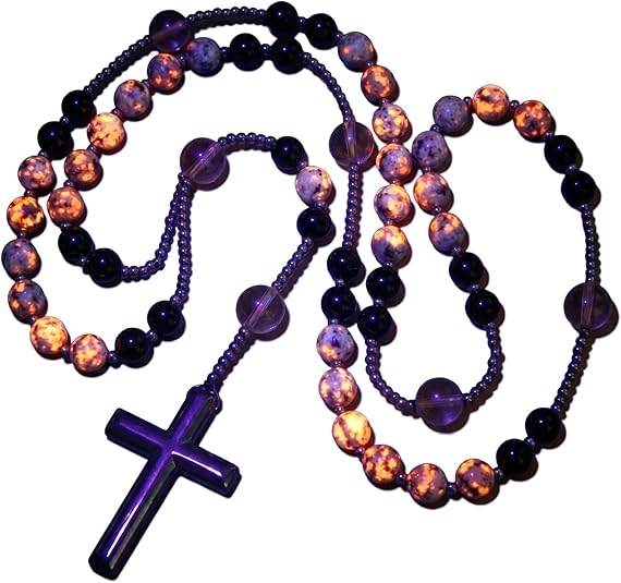 Natural Obsidian Yooperlite Rosary Necklace, UV Reactive Energy Protection Healing Crystal