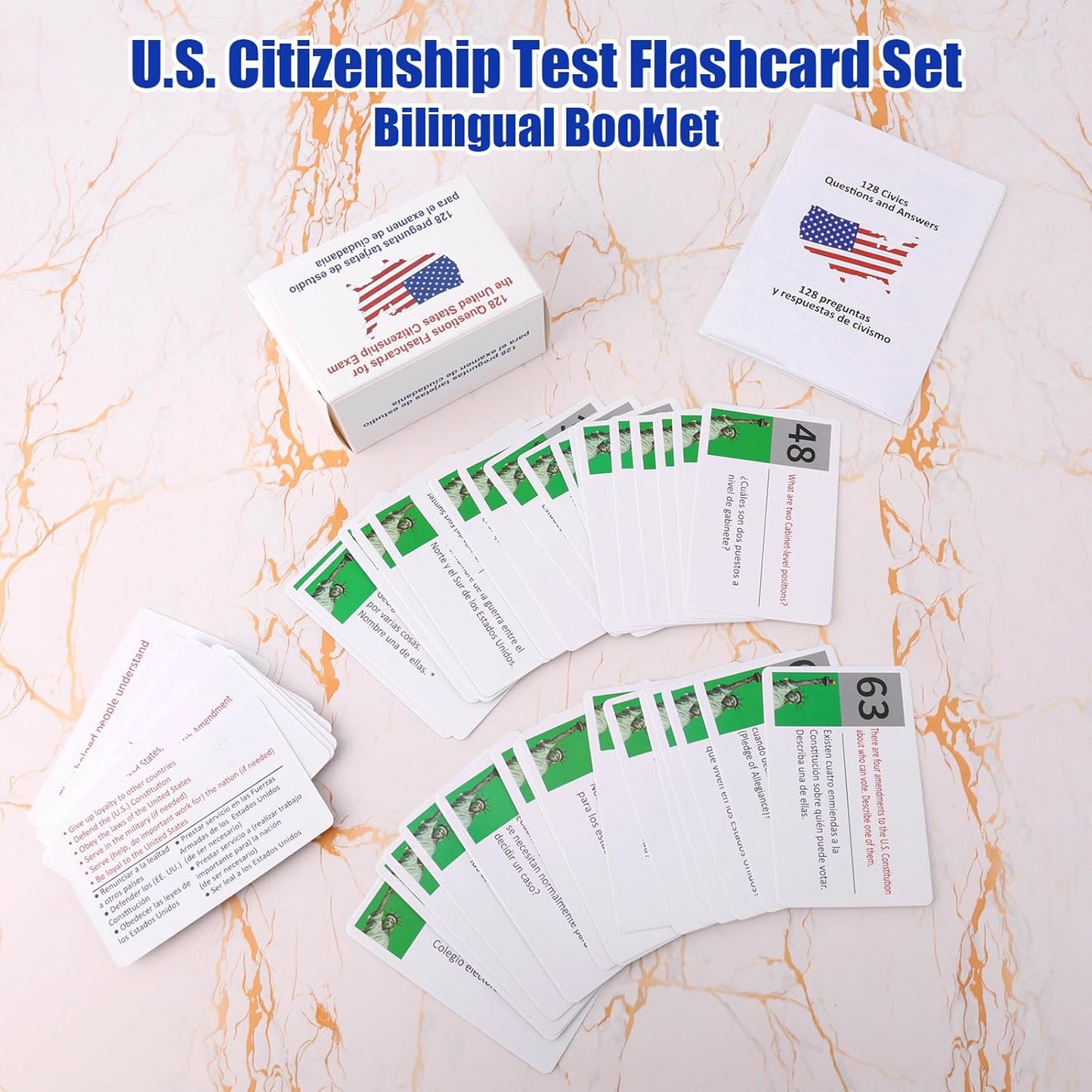 US Citizenship Flash Cards 2026, Bilingual English/Spanish 128 Civics Questions and Answers Test Flashcards