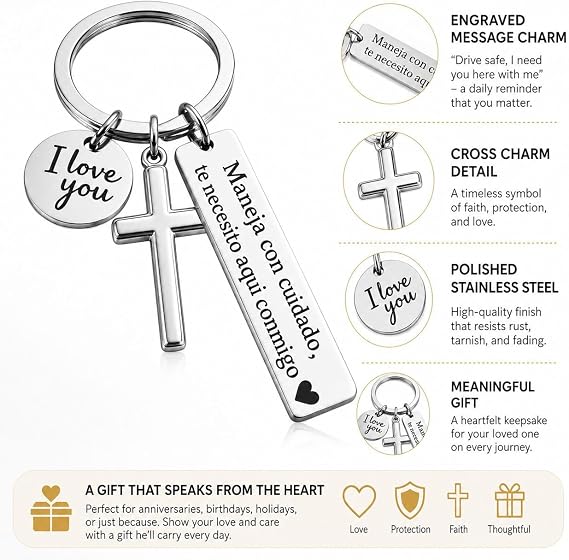 2Pcs Maneja Con Cuidado Te Necesito Aquí Conmigo Keychain, Drive Safe Keychain with Cross & I Love You Charm