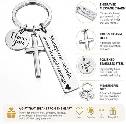 2Pcs Maneja Con Cuidado Te Necesito Aquí Conmigo Keychain, Drive Safe Keychain with Cross & I Love You Charm