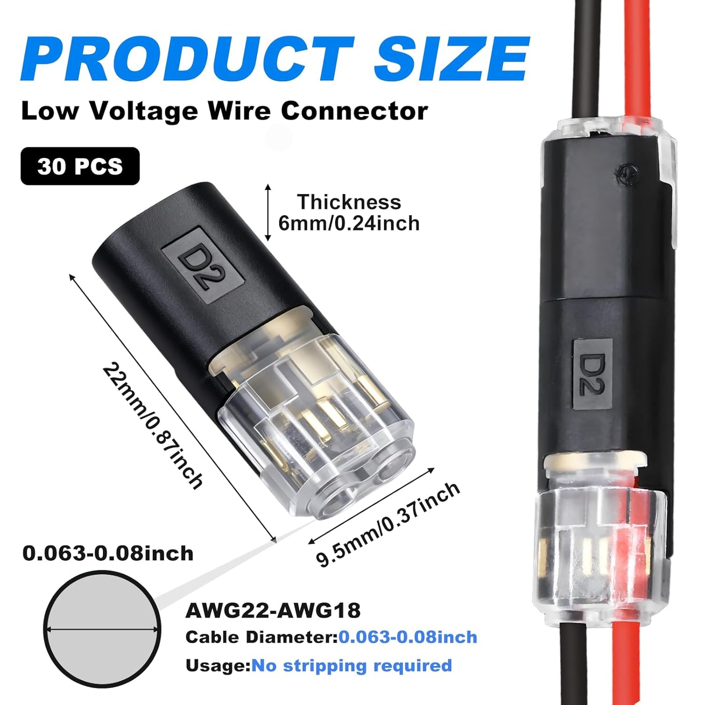 30PCS Double Wire Plug in Connector,Quick Disconnect Led Light Strip Connectors 2 Pin
