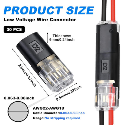 30PCS Double Wire Plug in Connector,Quick Disconnect Led Light Strip Connectors 2 Pin