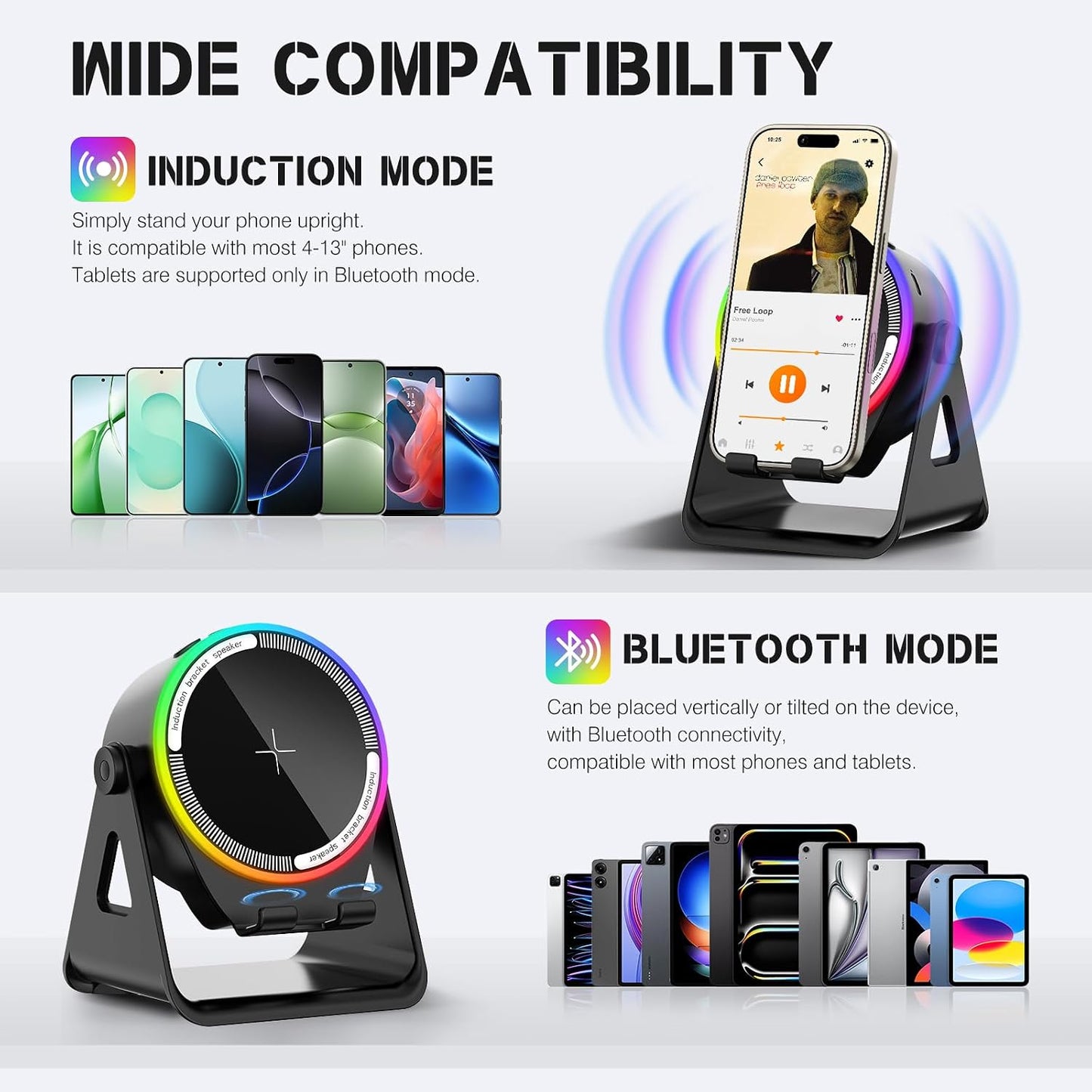 5-in-1 Bluetooth Speaker with Wireless Induction & Phone Holder, 5000mAh Battery, RGB Ambient Light