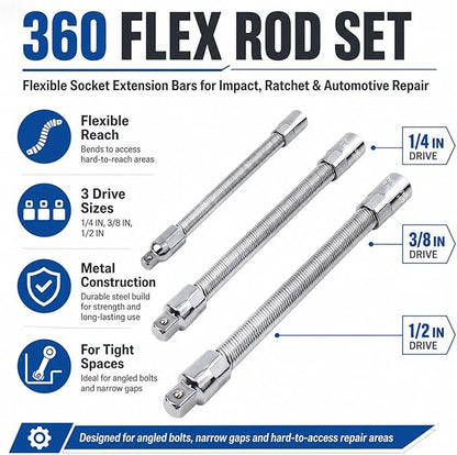 Flexible Socket Extension Bar Set, 360 Flex Rod for Impact 1/4 3/8 1/2 Inch Bendable Drive Extension Rods