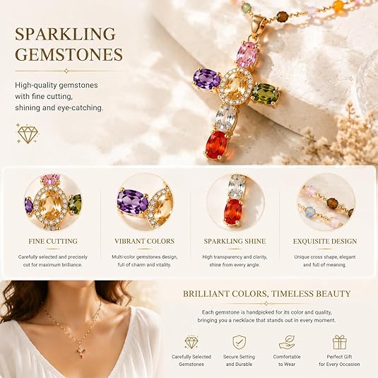Rainbow Cross Pendant Necklace for Women Cubic Zirconia Faith Jewelry