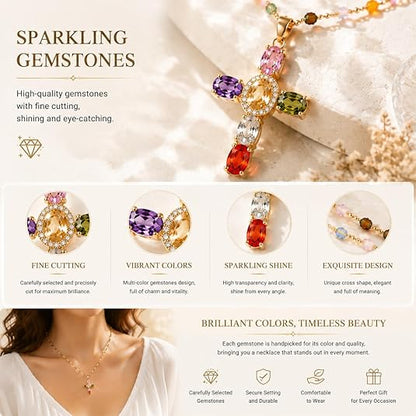 Rainbow Cross Pendant Necklace for Women Cubic Zirconia Faith Jewelry