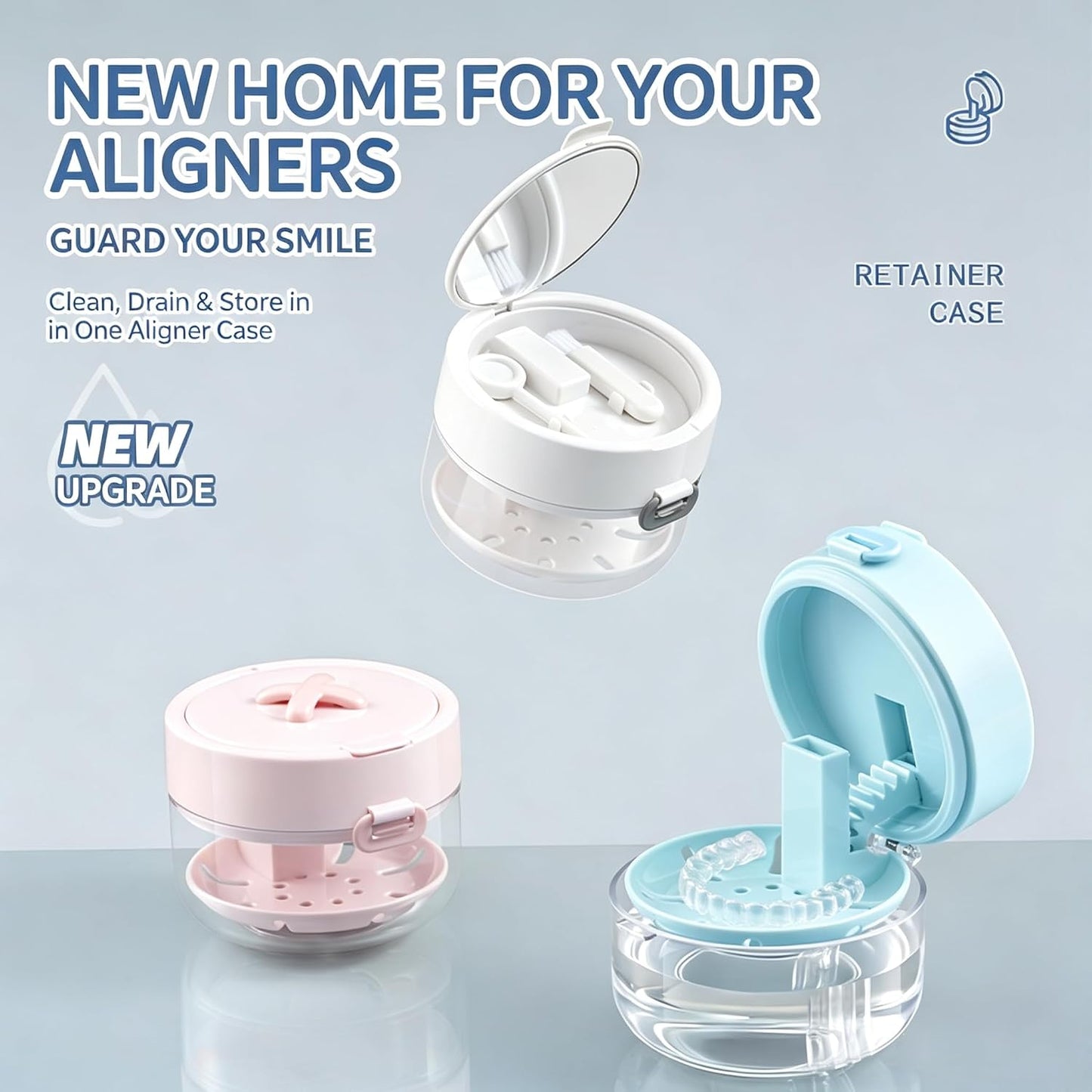 3-in-1 Retainer Case with Mirror and Cleaning Brush, Portable Retainer Case with Mirror
