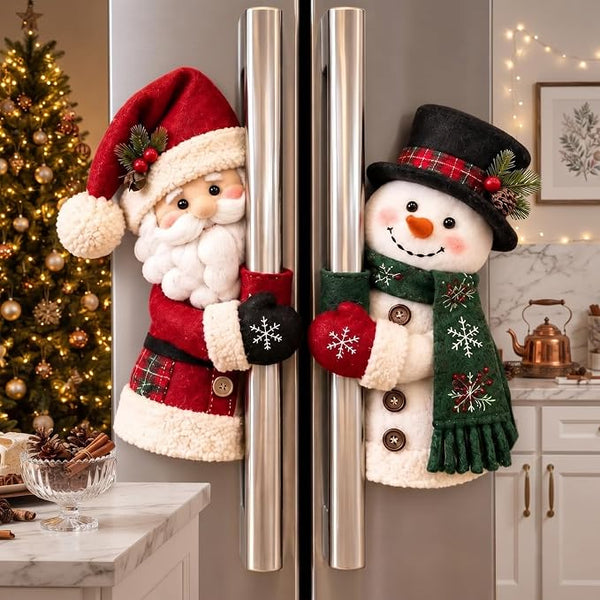 2 PCS Christmas Handle Covers, Plush Santa & Snowman Handle Huggers for Refrigerator, Oven, Cabinet & Door Handles