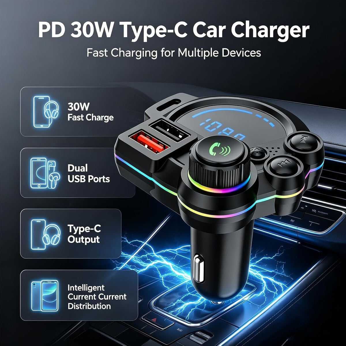 PD 30W Type-C Car Charger with Bluetooth,Car Charger with Bluetooth for Superior Audio and Hands Free Calling