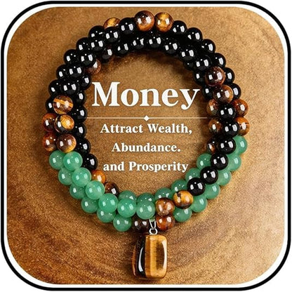 Money Necklace Jewelry for Women Men, Wealth Tiger Eye Obsidian Beaded Good Luck Natural Stone