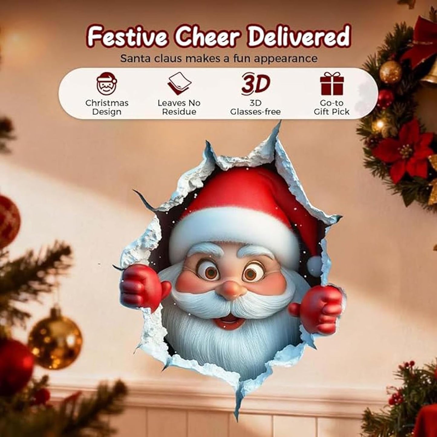 3Pcs 3D Funny Santa Claus Breakthrough Wall Decals, Removable Winter Holiday Window and Refrigerator Decorations