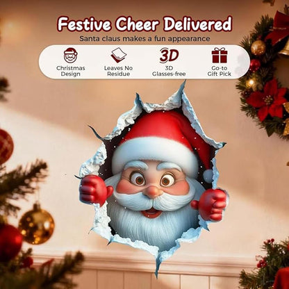 3Pcs 3D Funny Santa Claus Breakthrough Wall Decals, Removable Winter Holiday Window and Refrigerator Decorations