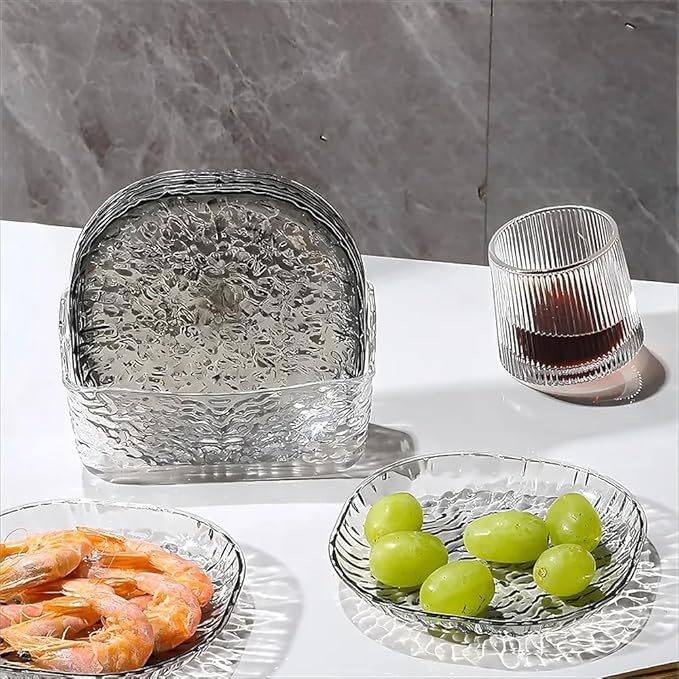 8Pcs Dinner Plates Set with Draining Rack Transparent Dinner Dishes Water Ripple Salad Plate Reusable