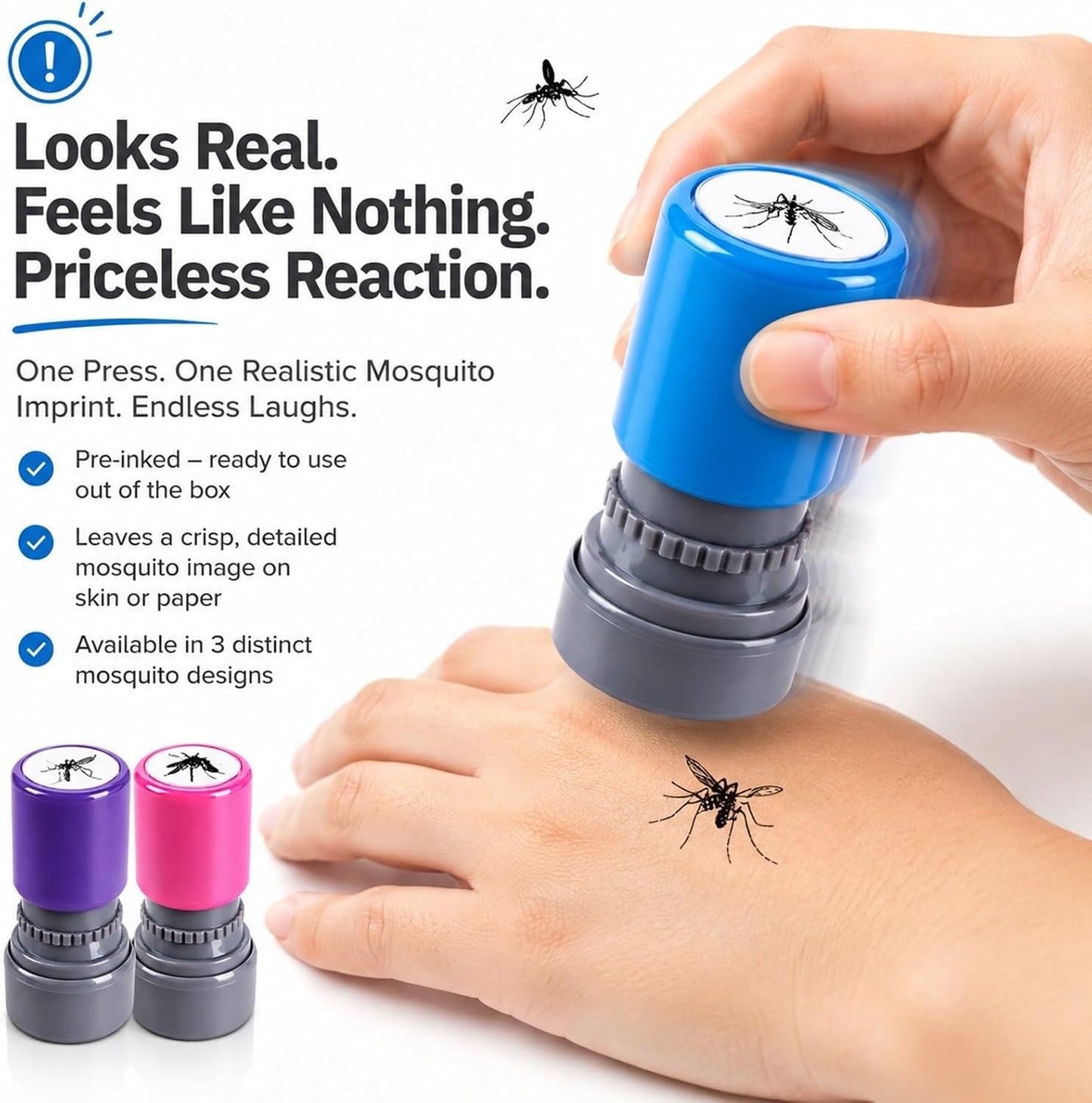 3Pcs Mosquito Stamp Prank Bug Stamps with Pre-Inked Black Ink Paint Mosquito Smack Stamp