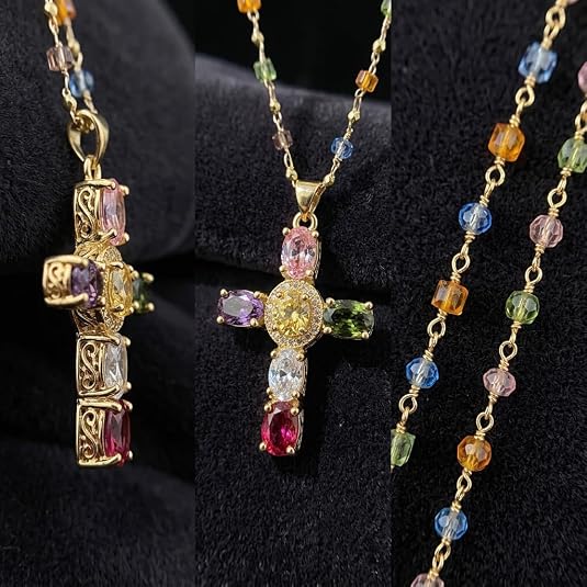 Rainbow Cross Pendant Necklace for Women Cubic Zirconia Faith Jewelry