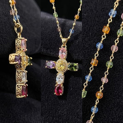 Rainbow Cross Pendant Necklace for Women Cubic Zirconia Faith Jewelry