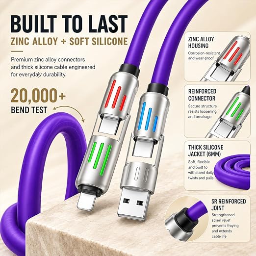 4-in-1 Fast Charging Cable with LED Indicator, 5ft 240W USB C Multi Charger Cord