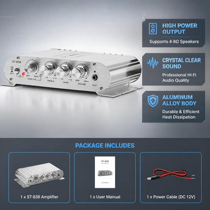 Bluetooth Car Amplifier 12V 80W, 2.1 Channel Mini Stereo Amp with Wireless Audio Streaming