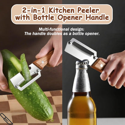 2Pcs Multifunctional Vegetable Peeler with Wooden Handle and Bottle Opener