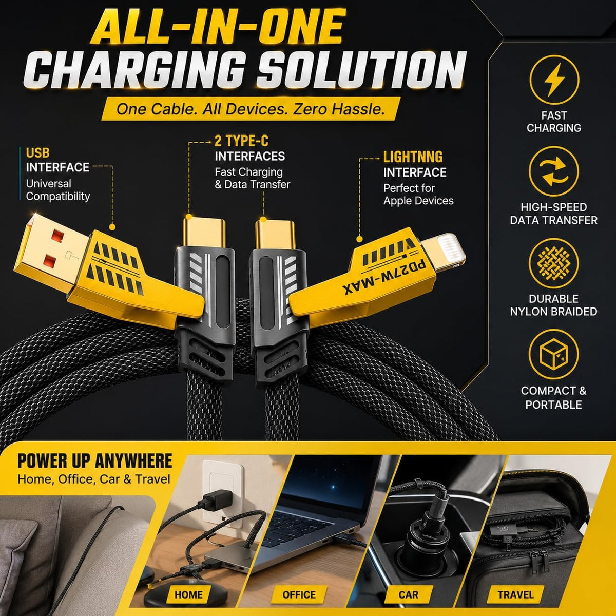 120W Dual USB & Dual Type-C Fast Charger, 4 in 1 Fast Charging C Chargers 5 Foot