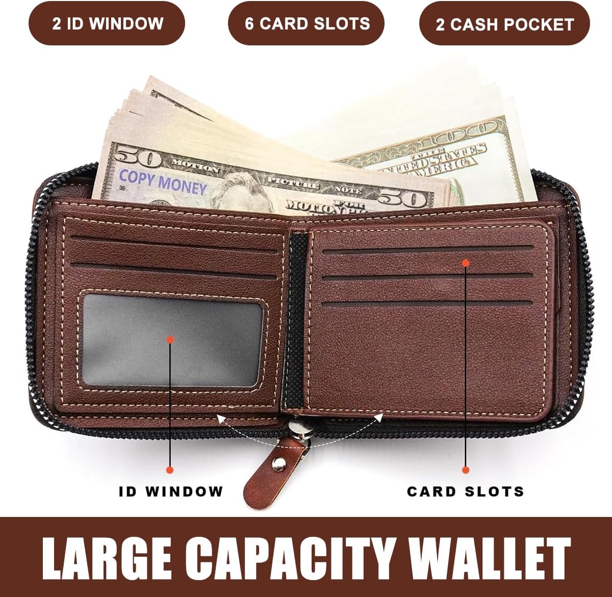 Men's Bi-fold Zip Wallet | Features 9 card slots, 2 clear ID windows, and durable stitching