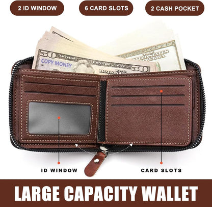Men's Bi-fold Zip Wallet | Features 9 card slots, 2 clear ID windows, and durable stitching