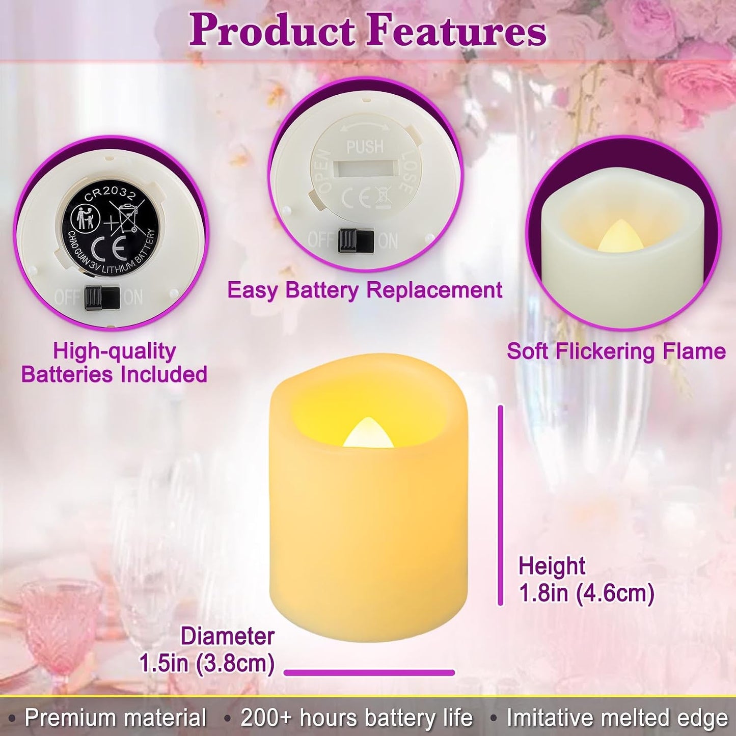 12-Pack Flameless LED Tea Lights Candles Battery Operated, 200+Hour