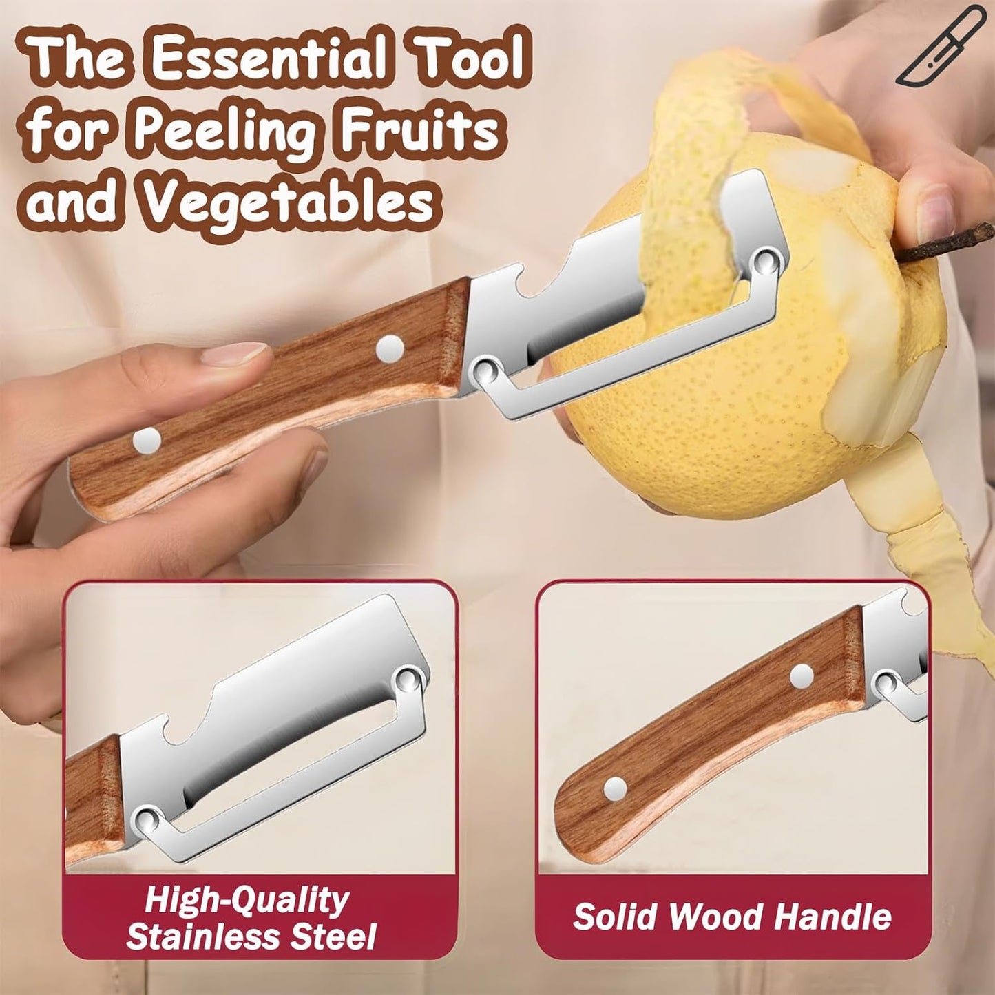 2Pcs Multifunctional Vegetable Peeler with Wooden Handle and Bottle Opener