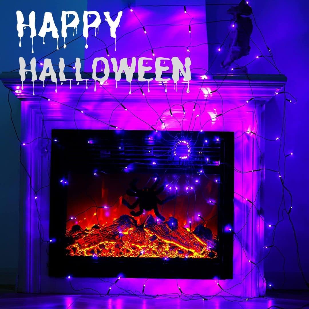 Halloween Decorations Spider Web Lights - 4FT Diameter 70 LEDs with Black Spider, Remote Control